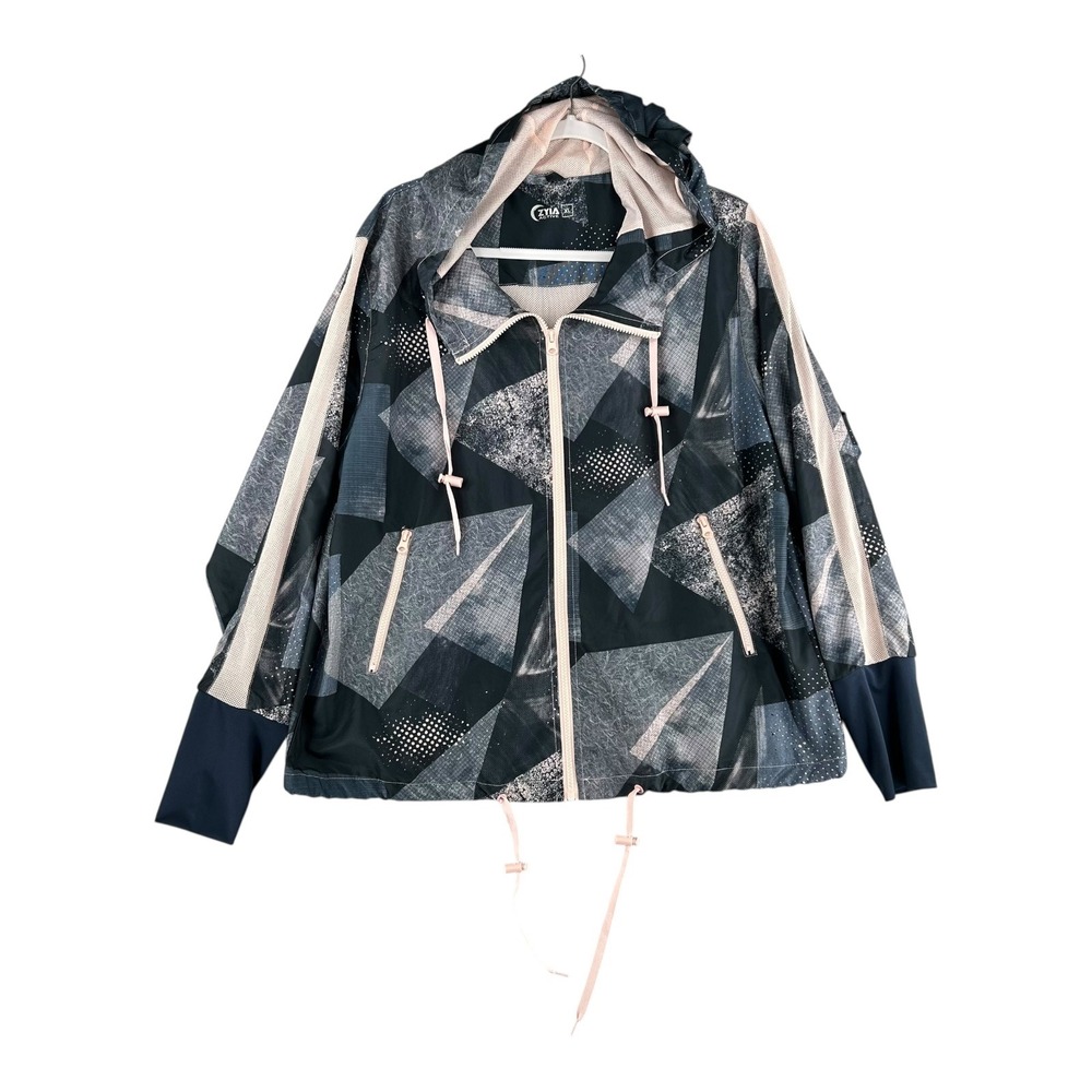 ZYIA Active Hooded Jacket Full Zip Pale Pink Navy Windbreaker Womens X-Large‎